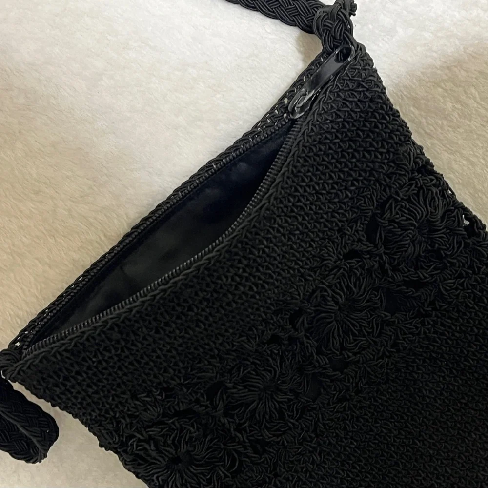 Kathie Lee Collection Black Macrame Crossbody Purse Zipper Closure Boho